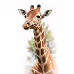 a giraffe with brown spots looking straight ahead