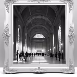 a black and white photograph of people walking through a large building
