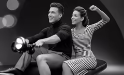 the couple is on a motorbike posing for a photo