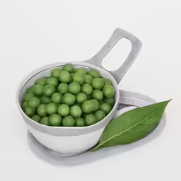 peas in a white bowl with a leaf next to it