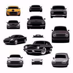 several different color classic cars and their generations,eight different cars in black and white