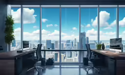 a very modern looking office with a view of the city