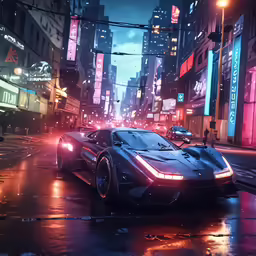 an expensive sports car driving through the city in cyber