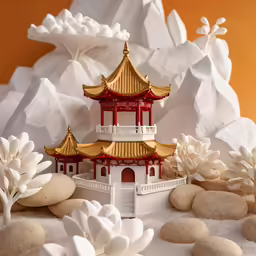 the building is in the middle of flowers and rocks