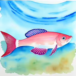 a painting of a colorful fish swimming in the water,there is a red fish with blue stripes swimming in the water,this is a painting of a fish in water,this is an image of a colorful fish,a drawing of a fish in water and blue water