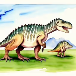 two dinosaurs walking on grass with mountains in the background