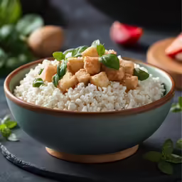rice with fried tofu is served in a bowl