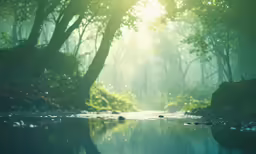 the sun shines through the trees and bright water