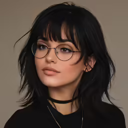 a young girl with glasses looking into the camera