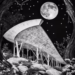 the moon setting on top of a structure next to trees