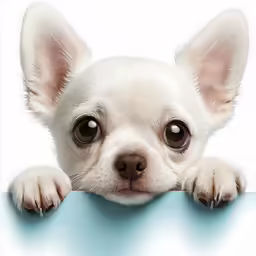 a little dog is peeking over a board