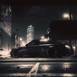 a car driving in the dark on a street
