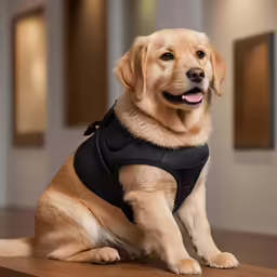 a brown dog wearing a vest sits on the floor