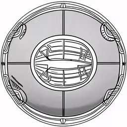 an abstractly designed round drawing on white paper,a metal object in a circular pattern,a drawing of a metal object with wires,a circle with four sides and several circles with different shapes,a circle shaped object with many different parts