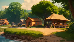 huts near a beach near the water with cars parked nearby,a beautiful small lake surrounded by trees and houses