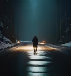 the person is standing alone on a road at night