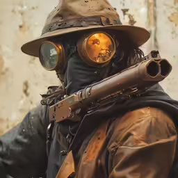 a person with a hat and gas mask holding a rifle