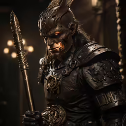 a man dressed in a gladiator armor holding a staff