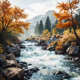 some rocks water yellow trees and hills and trees