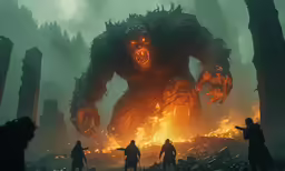 a group of people standing in front of a giant demonic demon