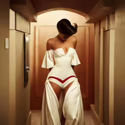 a woman standing in a long gown
