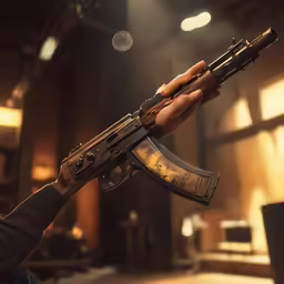 a close up of a person holding a rifle
