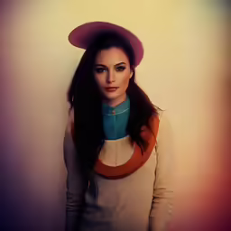a woman wearing a hat and a colorful scarf