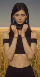 a woman in a crop field holding a camera