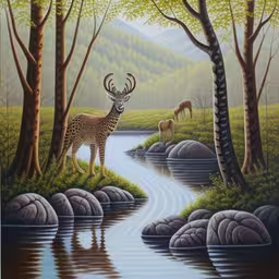 an image of a painting of deer in the woods,a painting on the wall with a deer by the river,a painting of deer and swans near trees,a deer is standing in the grass near water,painting depicting an image of deer in the woods