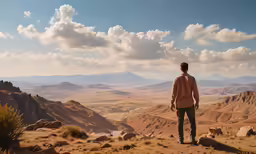 a man is standing in the mountains looking at the plains