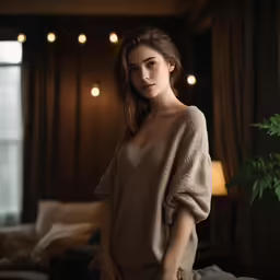 a woman stands in a dark room holding her hands on her hips