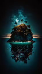 an island floating on the ocean with a full moon shining in the background
