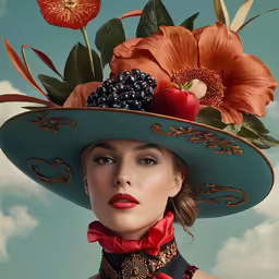 woman with large hat holding orange flower and berry