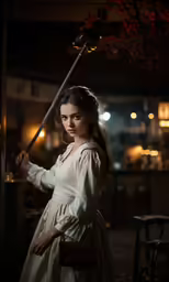 a woman dressed in period - age clothing holding a sword