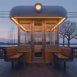 the corner booth has two benches near it