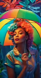 the woman with an umbrella is wearing bright hair