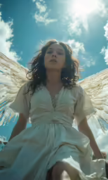 woman dressed up as an angel on the beach