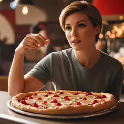 a woman that is sitting in front of a pizza