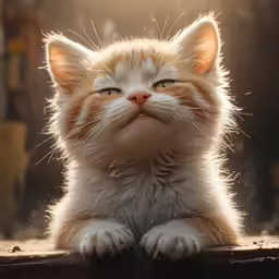 the small cat is looking up with an intense look on its face