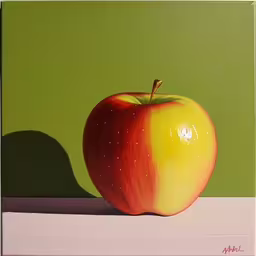 an apple sitting on top of a table in front of a green wall,painting of an apple and shadow against a green background,an image of a painting of an apple,an apple sitting in front of a green wall,an apple in a painting style is in the middle of the picture