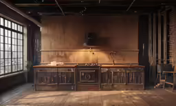 an antique kitchen with cabinets in the background