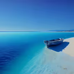 a small boat sits alone on the ocean beach