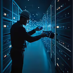 a person working in a large server room