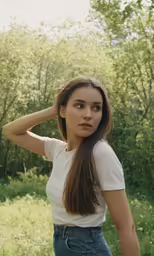 woman standing in grassy area near trees wearing jeans