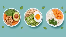 three bowls containing rice, beans, vegetables, avocado and an egg