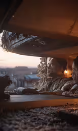 two people are sitting on the ground and one is looking at something in the distance