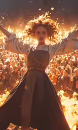 a woman with long brown hair, dress, and boots is standing in front of a large crowd