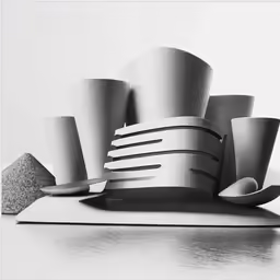 a stack of grey hats sitting on top of a counter