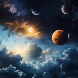 a sky filled with clouds and planets flying in the sky