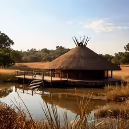 a rustic wooden dock surrounded by water with a thatch roof